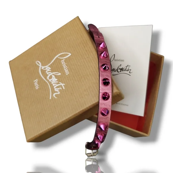 Christian Louboutin Loubilink Hot Pink Glitter Spiked Calf Leather Bracelet 8" - Picture 6 of 11